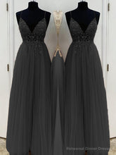 A-Line/Princess V-neck Floor-Length Tulle Prom Dresses With Beading